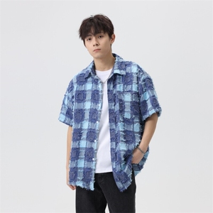 盐系男友风衬衫男小香风外套短袖上衣流苏格子衬衣夏季C2085-P45图片