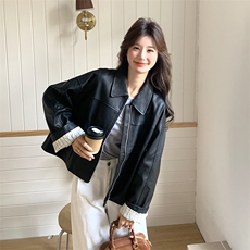 黑色复古短款皮衣外套女2025春季新款高级感休闲翻领pu皮夹克上衣，女装皮衣，2C176