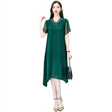 （现货）2025年夏季宽松腰通勤中长款短袖圆领雪纺纯色A字连衣裙，女装连衣裙，深妍伊美