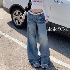 复古阔腿牛仔裤女低腰宽松直筒裤文艺高腰新款常规阔腿裤长裤百搭图片