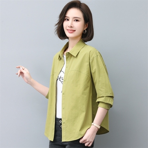 休闲纯棉衬衫女长袖薄款2025春秋新款中年妈妈宽松大码减龄衬衣潮，女装大码女装，曼沙奕珂
