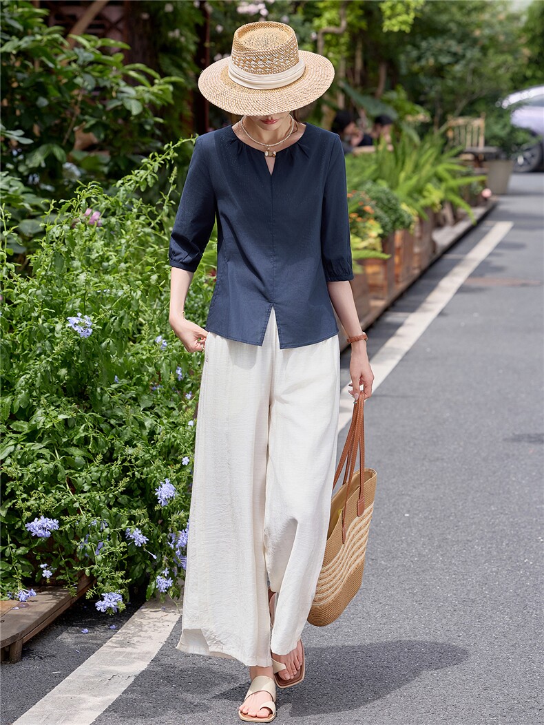 棉麻风藏青色休闲短袖上衣配阔腿裤套装女,女装套装/套裙,水衣源