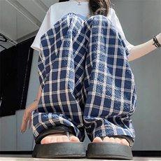美式高街潮牌男女泡泡格子休闲裤直筒宽松慵懒显瘦阔腿休闲长裤子，男装休闲裤，电商A486