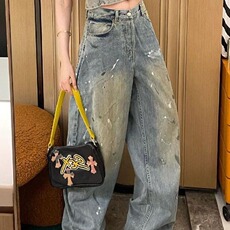 网络图现货美式复古做旧设计感泼漆涂鸦阔腿牛仔拖地裤J8070-P40，男装休闲裤，星座715-7