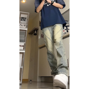 美式高街小众分割设计直筒做旧微喇牛仔裤 A440P55 控78图片