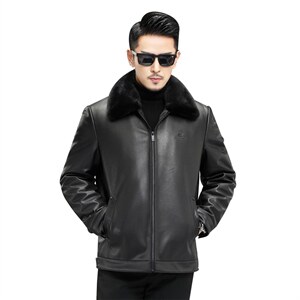 J8069新款海宁男式绵羊皮皮衣男翻领兔毛内胆皮克服夹克P990，男装皮衣，电商B360
