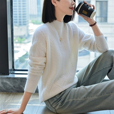 新款女装羊毛半高领毛衣双线麻花设计显瘦百搭针织衫，女装羊毛衫，宋氏羊绒