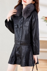 现货真狐狸毛领皮衣短外套女欧洲站2024年秋冬加厚时尚pu皮夹克潮，女装皮衣，潮流依族