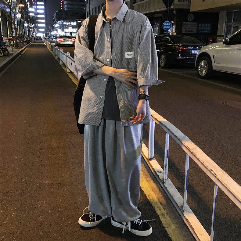 2026夏装新款条纹绣标短袖五分袖衬衫潮男衬衣CS8090/P40黑,男装T恤,电商A094