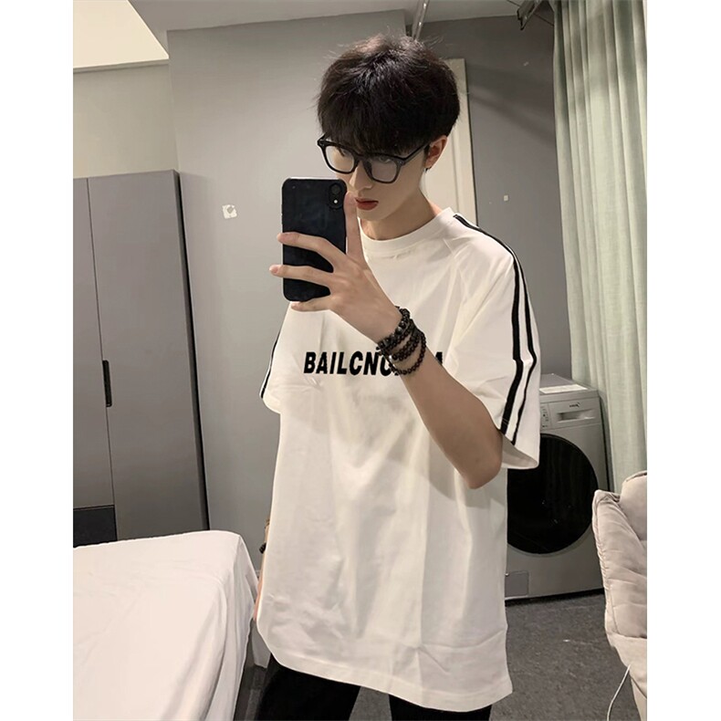 抖音得物高品质二开240克宽松纯棉美式潮牌三条杠织带短袖T恤，男装T恤，电商A486-1