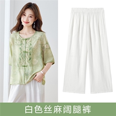2026年夏季新款麻料套装提花刺绣上衣宽松休闲两件套，可分开售卖，女装套装/套裙，拾衣