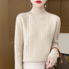 2024秋冬季新款羊毛衫女加厚扭花半高领宽松打底衫毛衣，女装羊毛衫，魅途羊绒