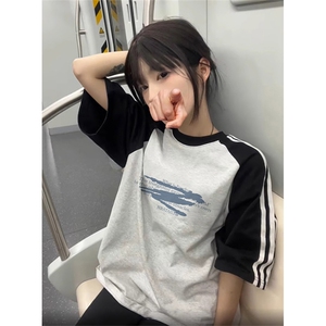 夏季美式高街重磅纯棉三条杠织带插肩撞色男女短袖T恤 CZ38-特P25图片