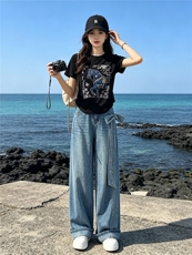 甜美时尚休闲套装女夏季新款圆领印花烫钻上衣设计牛仔长裤两件套，女装套装/套裙，江南