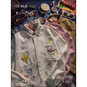 春季新款港风日系复古卡通刺绣华夫格翻领长袖衬衫男女 ZC779-P46图片