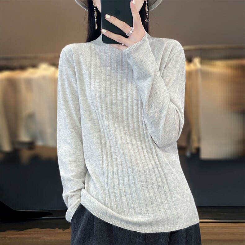 半高领100%纯羊毛衫女春秋新款抽条针织长袖毛衣宽松羊绒衫打底衫,女装羊绒衫,朝思羊绒