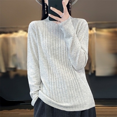 半高领100%纯羊毛衫女春秋新款抽条针织长袖毛衣宽松羊绒衫打底衫，女装羊绒衫，朝思羊绒