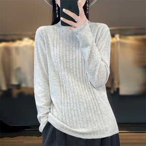 半高领100%纯羊毛衫女春秋新款抽条针织长袖毛衣宽松羊绒衫打底衫图片