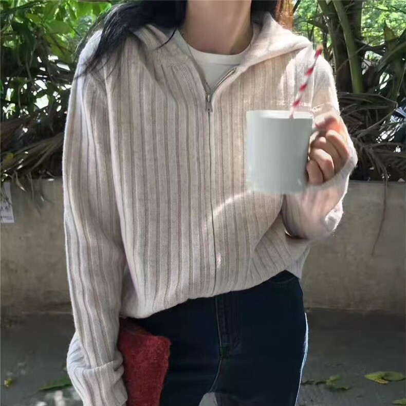 2025年秋季新款女士百搭坑条连帽开衫图片