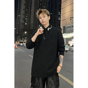 高品质春装新款老钱风美式高街鱼骨纹斜拉链解构高领卫衣长袖t恤图片