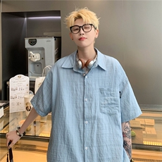 港风24条纹冰丝垂感透气短袖衬衫男女情侣衬衣薄外套上衣S312P48，男装T恤，电商A233-1