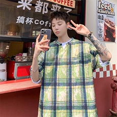 2026夏装美式扎染印花冰丝冰凉格子男五分袖T恤T5508/特P25绿5，男装T恤，电商A094