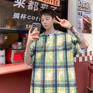 2026夏装美式扎染印花冰丝冰凉格子男五分袖T恤 T5508/特P25 绿5图片