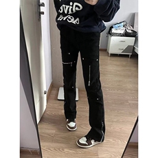 美式vibe风多口袋拉链微喇牛仔裤男高街机能直筒宽松伐木工装裤子，男装牛仔裤，星座506A