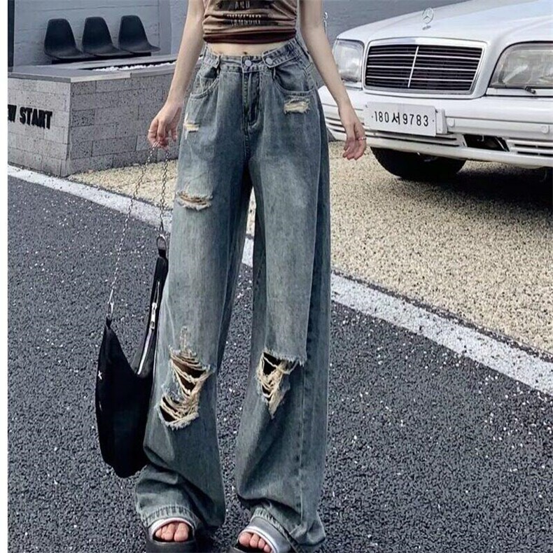 复古美式破洞牛仔裤女夏季设计感高腰直筒宽松阔腿裤LE00522-p45图片