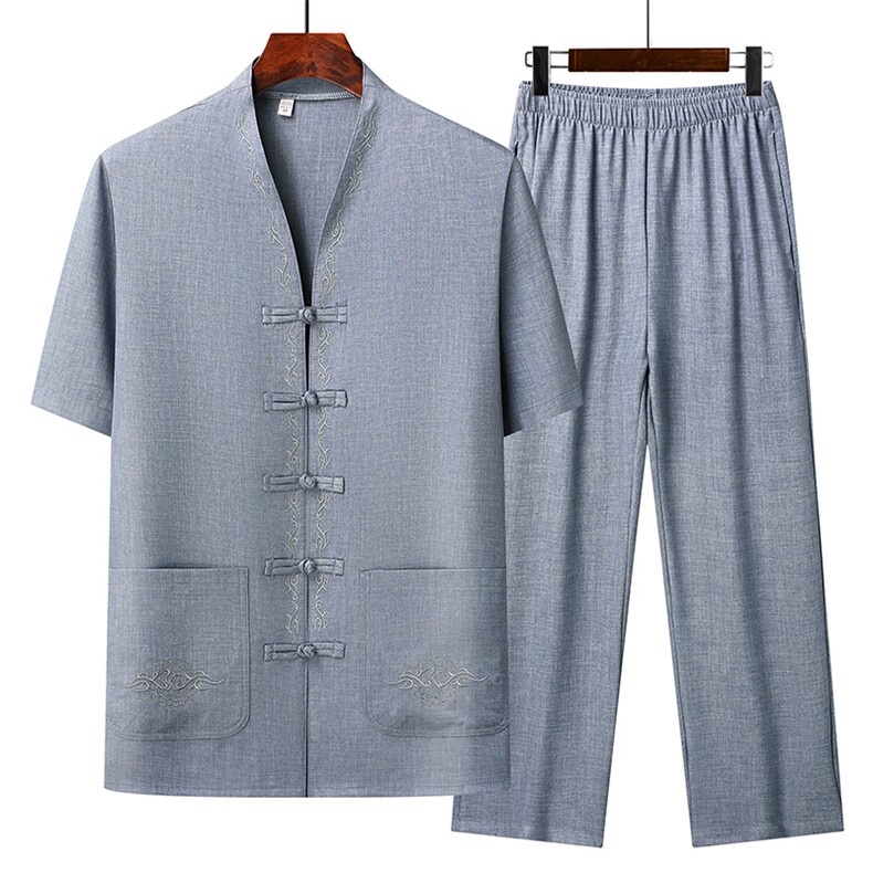 2025夏季薄款高端风绣花冰丝短袖衬衫唐装汉服套装802-P75,男装衬衫,星座1105-3