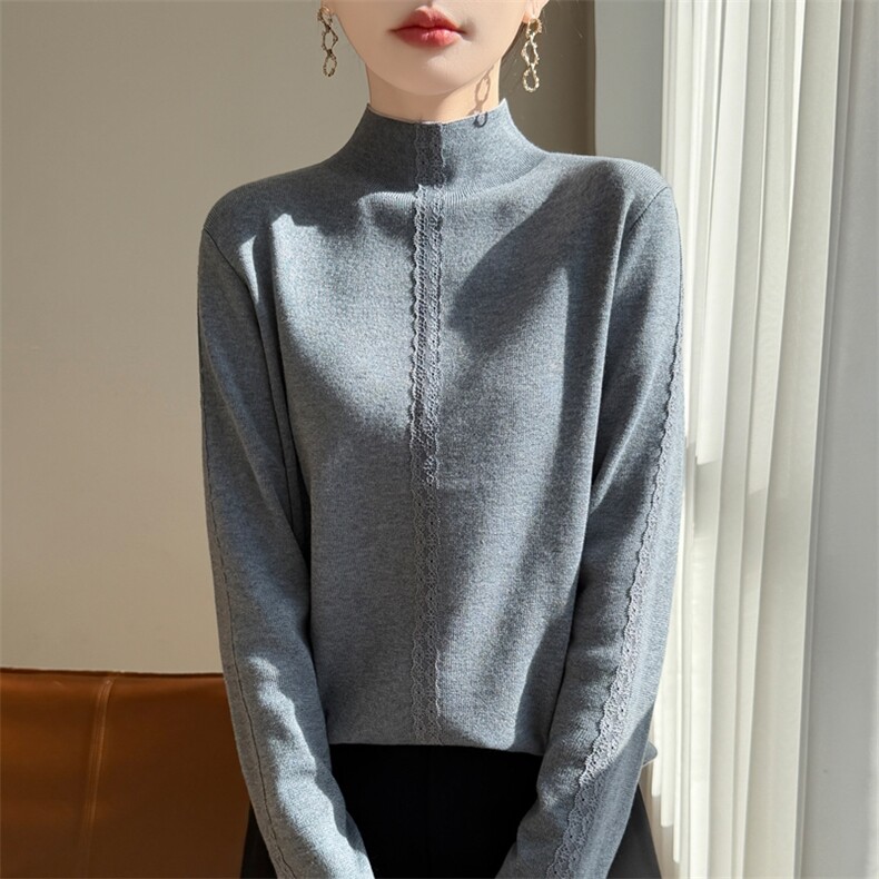 2025年秋季时尚百搭通勤简约休闲四平蕾丝半高套衫，女装羊毛衫，暖烁特种纱工厂店