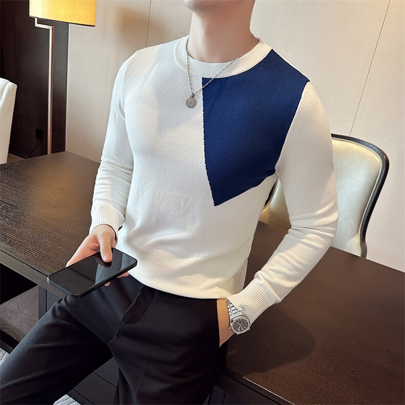 2024新款 韩版拼色毛衣打底衫男 秋冬内搭圆领修身针织衫M37-p58图片