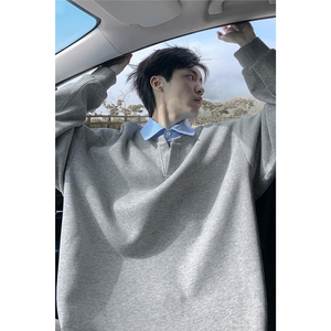 特批P40无差价条纹拼接420g重磅假两件Polo领华棉大码卫衣男W5432图片