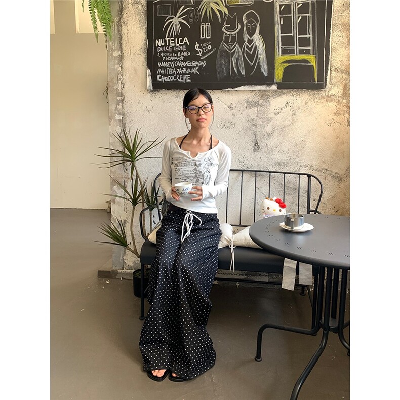 EAHO美式复古波点满印抽绳设计感休闲裤男女宽松百搭直筒拖地长裤,男装休闲裤,星座506A