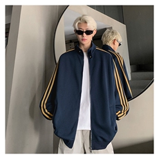 秋季380克全棉宽松条纹拉链套头卫衣立领POLO衫外套AH914-P42，男装Polo衫，四季星座610B