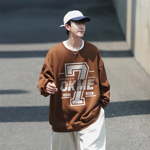 潮流大印花设计宽松圆领卫衣 Y129 常规版 P38 加绒版P58 咖色,男装卫衣,电商B219