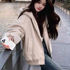 冬季复古做旧座山雕加厚连帽棉服男女宽松高级感皮拼兔绒毛外套，男装棉衣，星座410-7