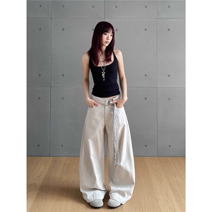 美式高智感蛇纹腰带弯刀休闲裤男女cleanfit宽松百搭显瘦拖地裤子图片
