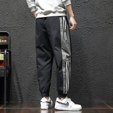 2021秋季日系新条纹拼接瓷砖风大码男刺绣九分裤休闲裤K2006-P45，男装休闲裤，电商A001