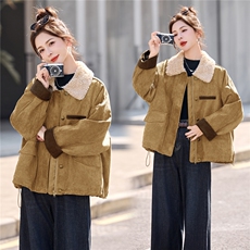 巴恩风羊羔毛翻领麂皮绒白鸭绒羽绒服，女装羽绒服，采品优优