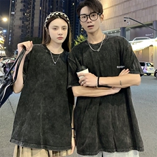 220克水洗做旧短袖T恤棉M-3XL情侣男女V1宽松圆领半袖潮团队，男装T恤，星座115A-3