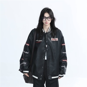 美式复古高街潮牌刺绣拼接撞色夹克外套男女设计感棒球服PU皮衣图片