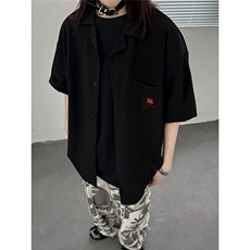 港风中性夏季新款刺绣花短袖衬衫男女装情侣冰丝半袖衬衣S313P48，男装T恤，电商A233-1