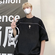 美式复古麂皮绒短袖t恤男夏季ins潮流五分半袖体恤潮牌T05570-P38，男装T恤，星座308B-1