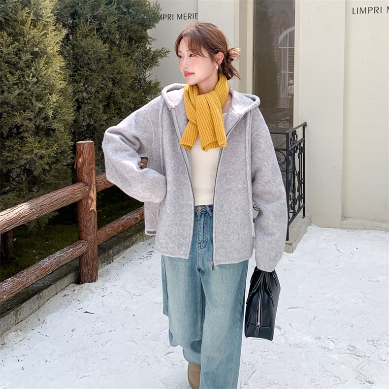 韩系连帽双面呢羊毛外套女2025秋冬新款加厚小个子高级感短款外套,女装毛呢外套,2D014