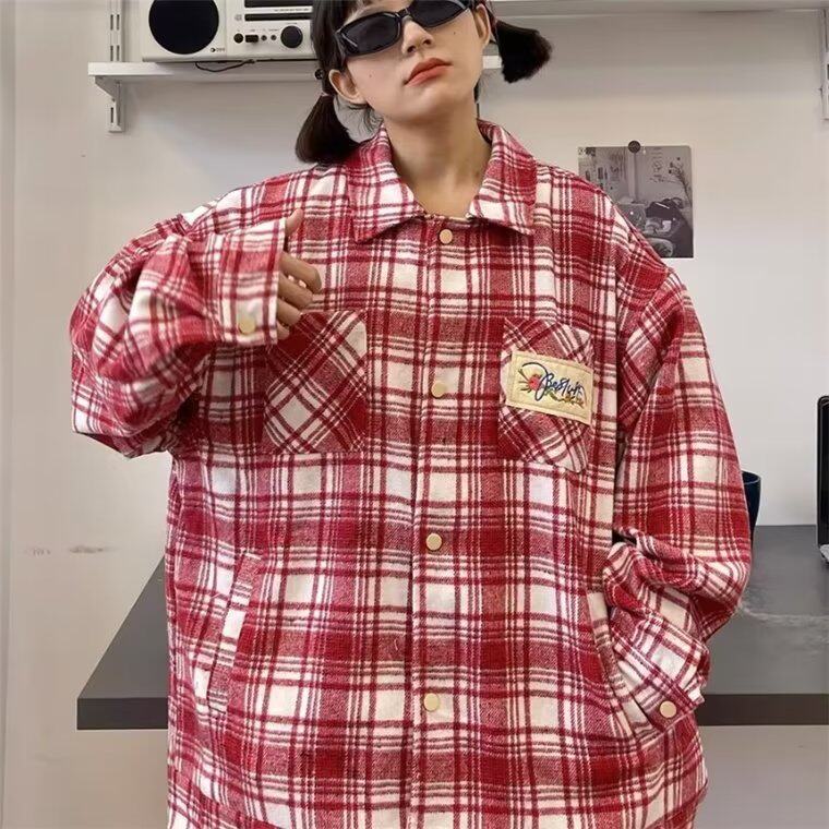 美式高街不规则格子衬衫2024新款女秋宽松潮流外套春秋季别致上衣,男装衬衫,星座716-3