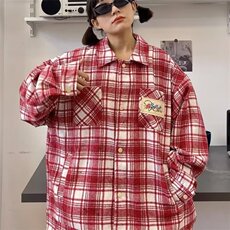美式高街不规则格子衬衫2024新款女秋宽松潮流外套春秋季别致上衣，男装衬衫，星座716-3