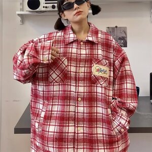 美式高街不规则格子衬衫2024新款女秋宽松潮流外套春秋季别致上衣图片