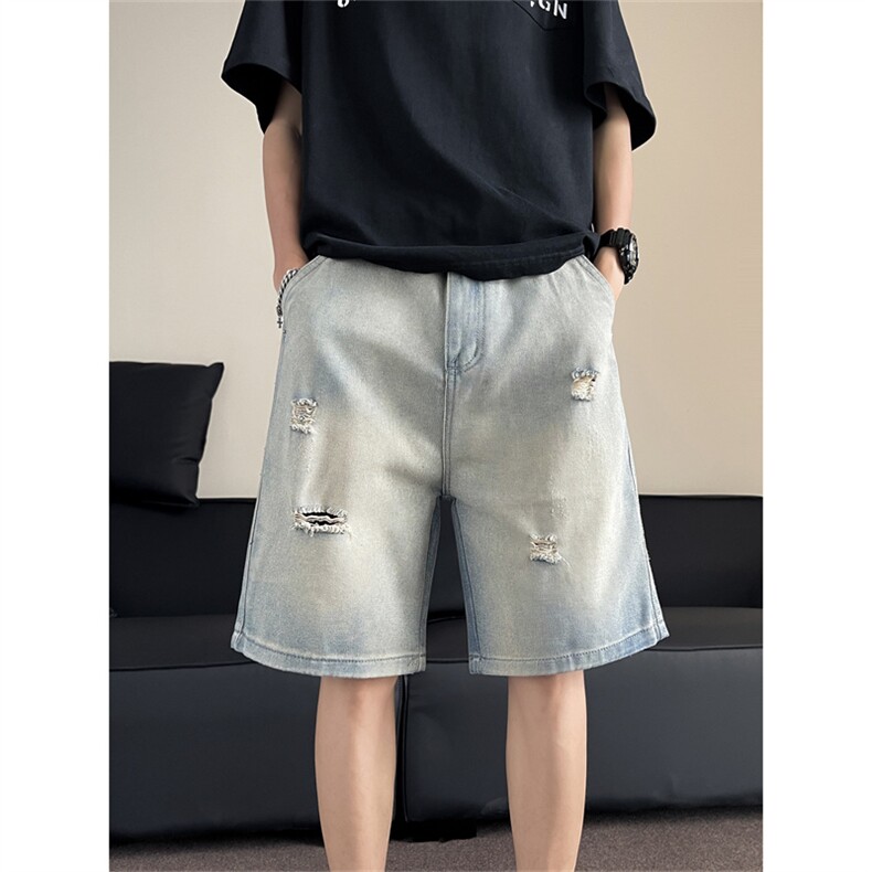 得物品质夏款男牛仔短裤破洞渐变色直筒宽松五分裤D761P38,男装牛仔裤,星座1013-1