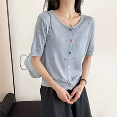 时尚镂空彩扣天丝+亚麻针织开衫短袖女夏季圆领拼色百搭T恤衫半袖，女装T恤，悦玛羊绒